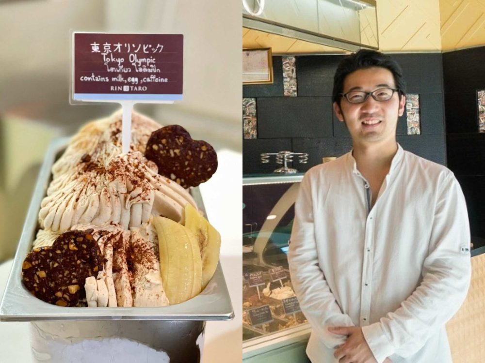Tokyo Olympic gelato at Rintaro, at left, and Shintaro Nakajima at his shop, at right. Photos: Rintaro Thailand, Coconuts
