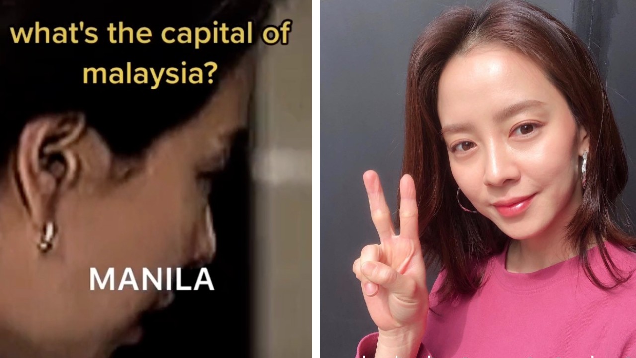 Song Ji Hyo on Running Man, at left, and the actress posing for the camera, at right. Photos: @JWNGK8/TikTok, Song Ji Hyo/Instagram
