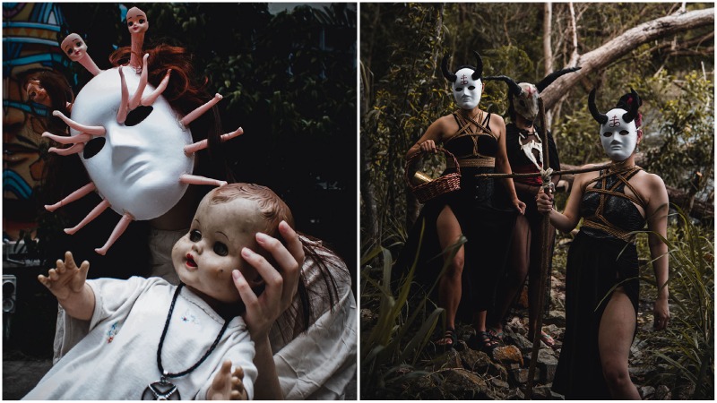At left, a mask made by Tay using doll limbs and one of Tay’s recent shoots, at right. Photos: Tay Yuan Song
