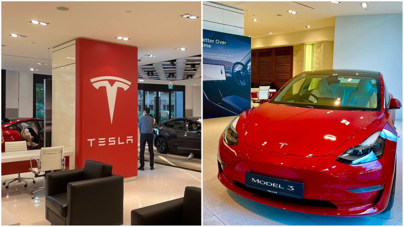 Photos of the new Tesla showroom in Raffles City. Photos: Mayo_capital/Twitter, Raffles City
