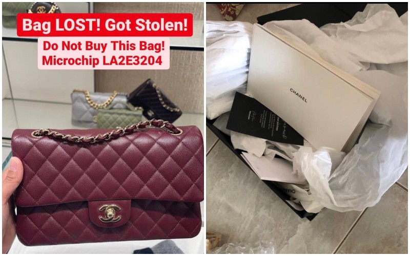 The missing Chanel bag, at left, and the messed-up Chanel box, at right. Photos: Hanumsubri/Instagram