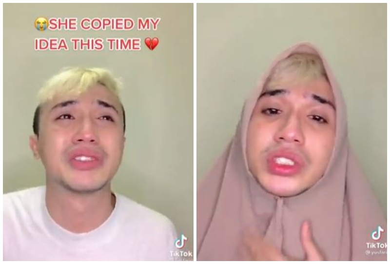 Designer Yusfariq Iqmal in tears, at left, and later demonstrating his signature magnetic hijab, at right. Photos: Yusfariq Iqmal/TikTok