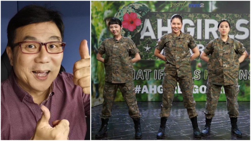 At left, Jack Neo in a 2020 photo, women in military uniform during a dance performance in yesterday’s live, at right. Photos: JackNeoCK/Facebook
