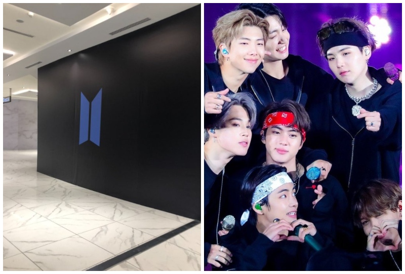 The exterior of the BTS pop-up store, at left, and BTS members, at right. Photos: Carousell, Unside0901/Twitter