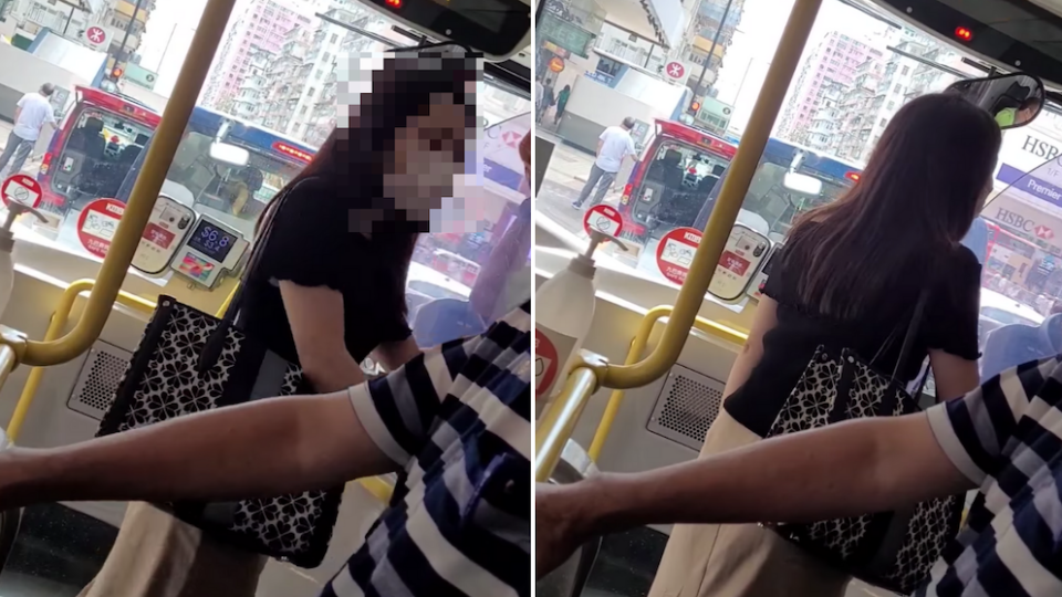 Viral video shows the woman cursing and yelling at the bus driver to open the door after she missed her stop. Screenshots via Facebook/UD Leung