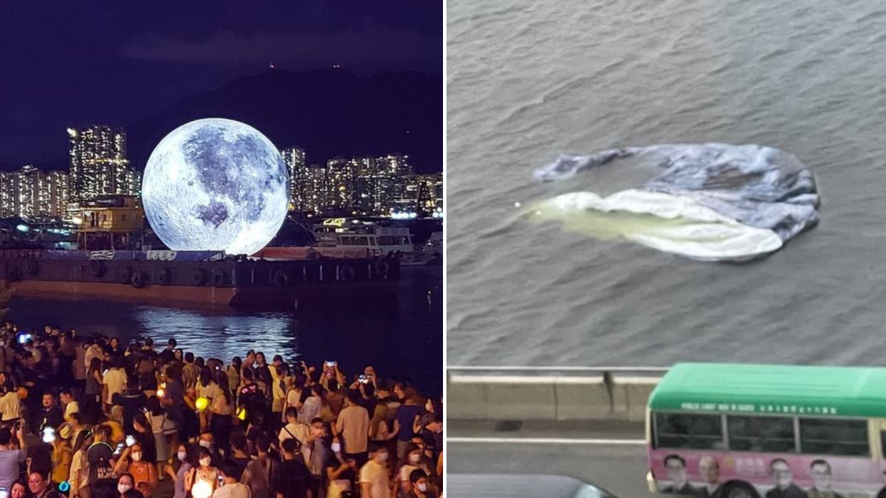 The giant 15-meter tall moon was reduced to a floating heap in Kwun Tong promenade. Photos: Instagram/mip.kinf (left) and Facebook (right)