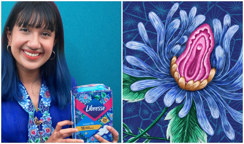 Radio personality Ili Ruzanna poses with a pack of V-Kebaya pads, at left, and a close up of the packaging design, at right
