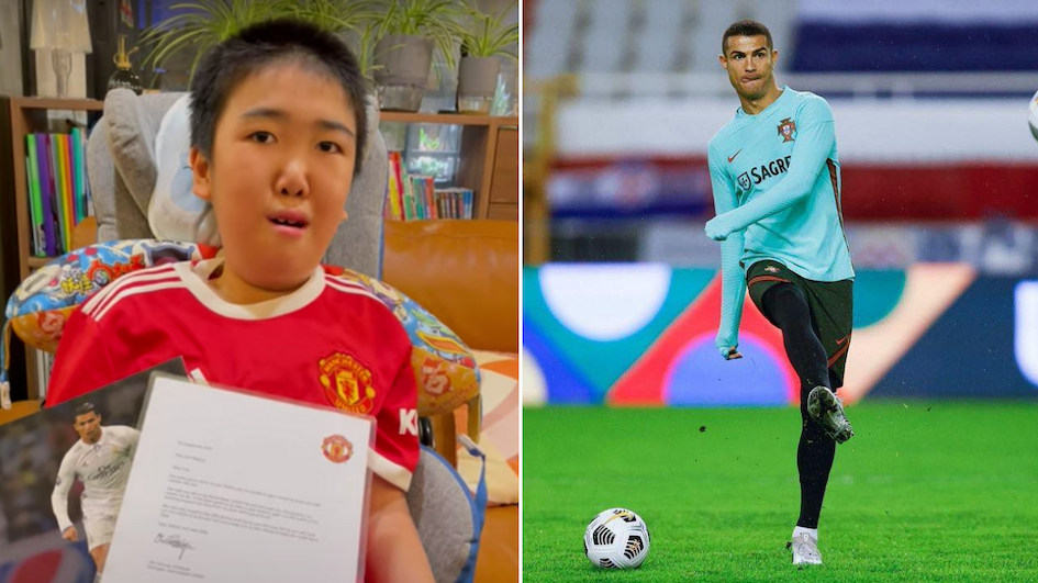 10-year-old Marcus Ng, who suffers from spinal muscular atrophy, is a big fan of footballer Cristiano Ronaldo. Photos: YouTube/Wenus Chan (left), Facebook/Cristiano Ronaldo (right)