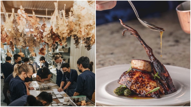 At left, the three Michelin-starred Zen restaurant on Bukit Pasoh Road, its dry-aged Loire valley quail dish, at right. Photos: Restaurantzen.sgp/Instagram
