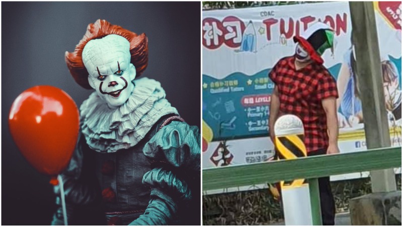 At left, a Pennywise the clown cosplayer, and Singapore’s own clown outside Temasek Primary School in Bedok, at right. Photos: Nong Vang, Tan Chuan-Jin/Facebook
