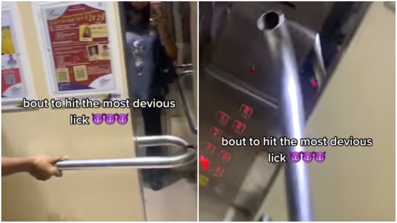 Screenshots from the video showing two girls stealing a railing from a lift. Photos: Kxshfia/TikTok
