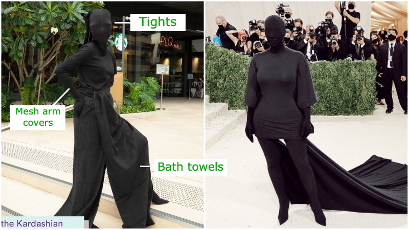 At left, a mall model replicates this week’s Met Gala look of Kim Kardashian, seen at right. Photos: Paya Lebar Quarter/Facebook, Kim Kardashian/Instagram
