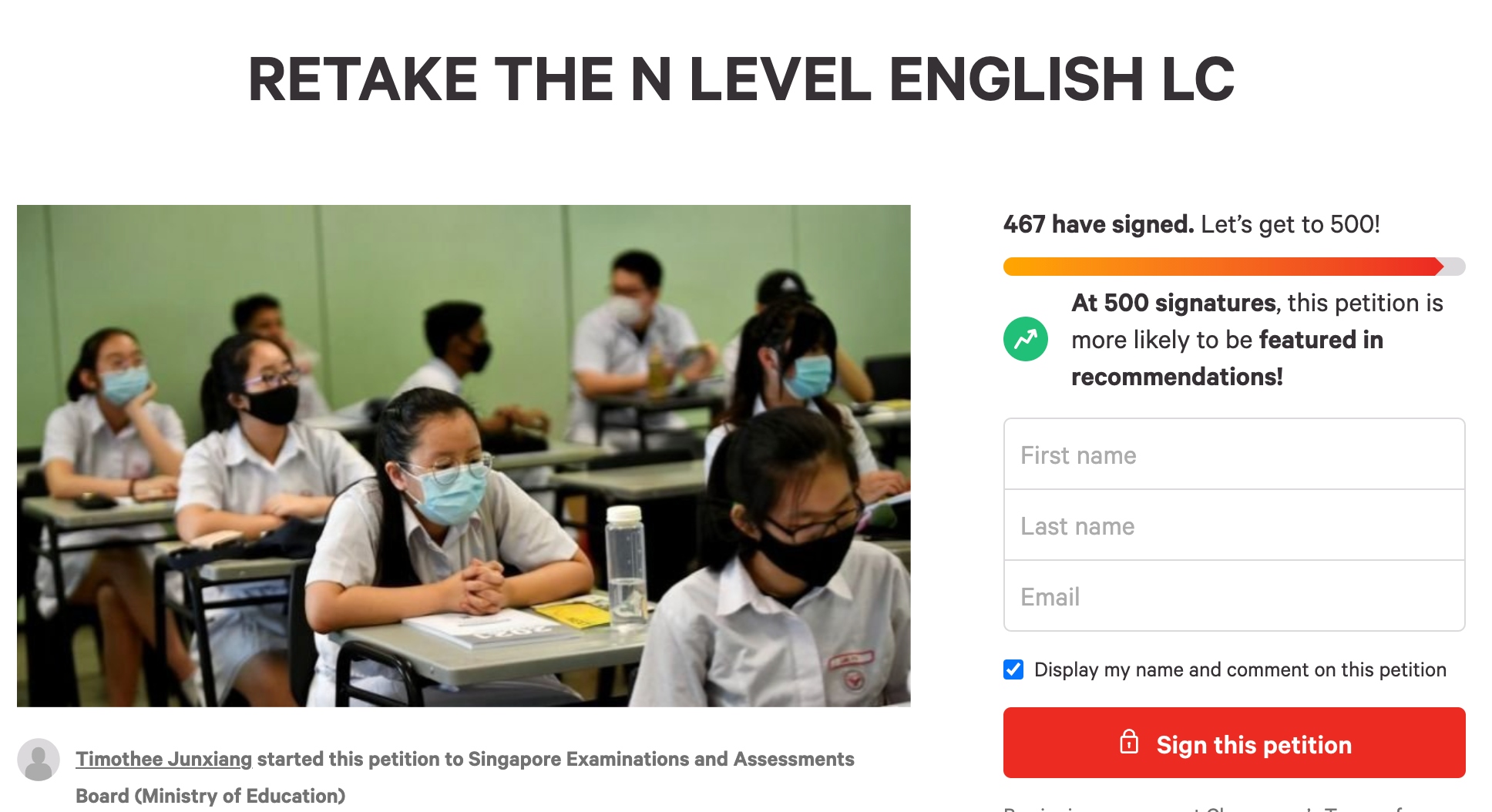 An online petition asking for the English listening exam to be re-administered. Image: Change.Org
