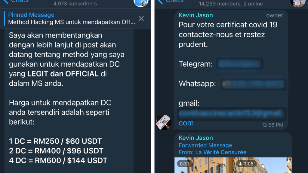 Chaîne Telegram proposant des « certificats numériques » aux Malaisiens, à gauche, et un revendeur demandant aux acheteurs français de contacter pour obtenir des cartes de vaccin.  Photos : Noix de coco