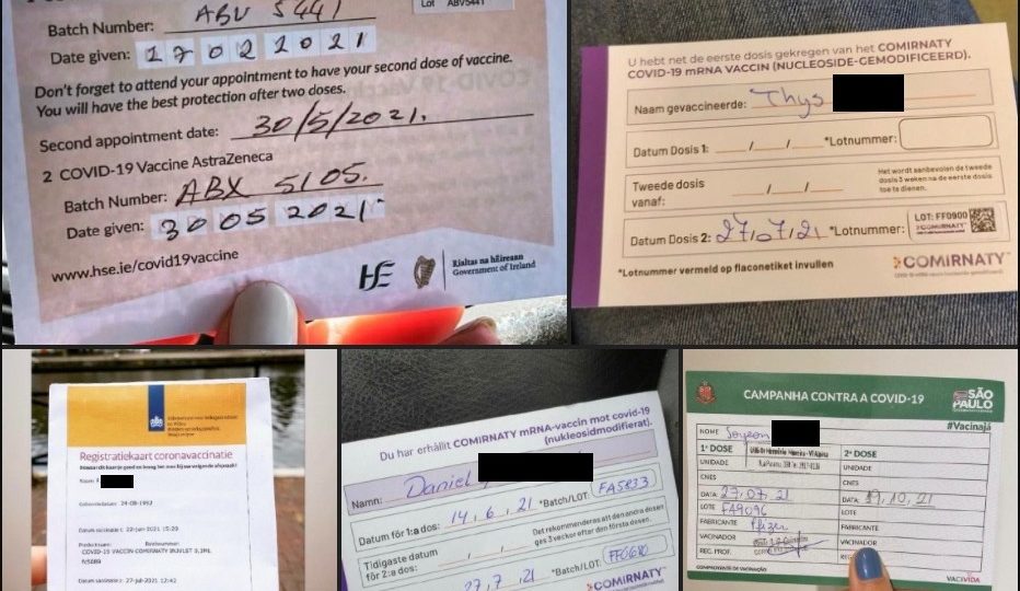 Photos used by a dealer on Telegram offering COVID-19 vaccination certificates. Photo: Coconuts