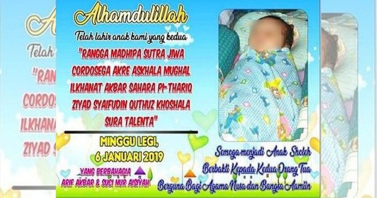 Cordo was born in January 2019 but he has yet to receive his birth certificates and other essential government-issued documents because his parents came up with a whopping 18 names for him, as seen in this birth announcement, causing some issues with the civil registry. Photo: Istimewa