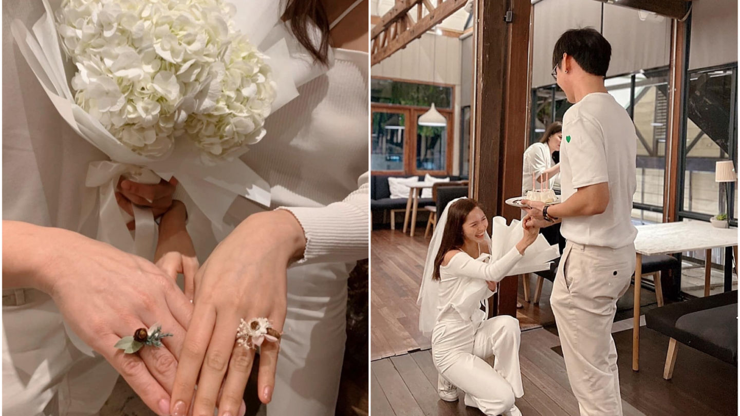 Piyaporn Yibmantasiri gets down on one knee Sunday to propose to her boyfriend, at right. Photos: Piyaporn Yibmantasiri / Courtesy
