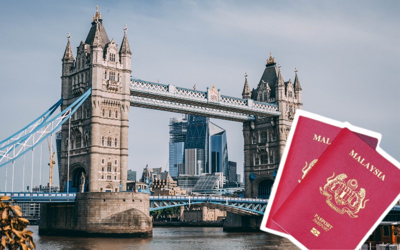 The London Bridge and Malaysian passports. Photos: Charles Postiaux/Unsplash and iStock
