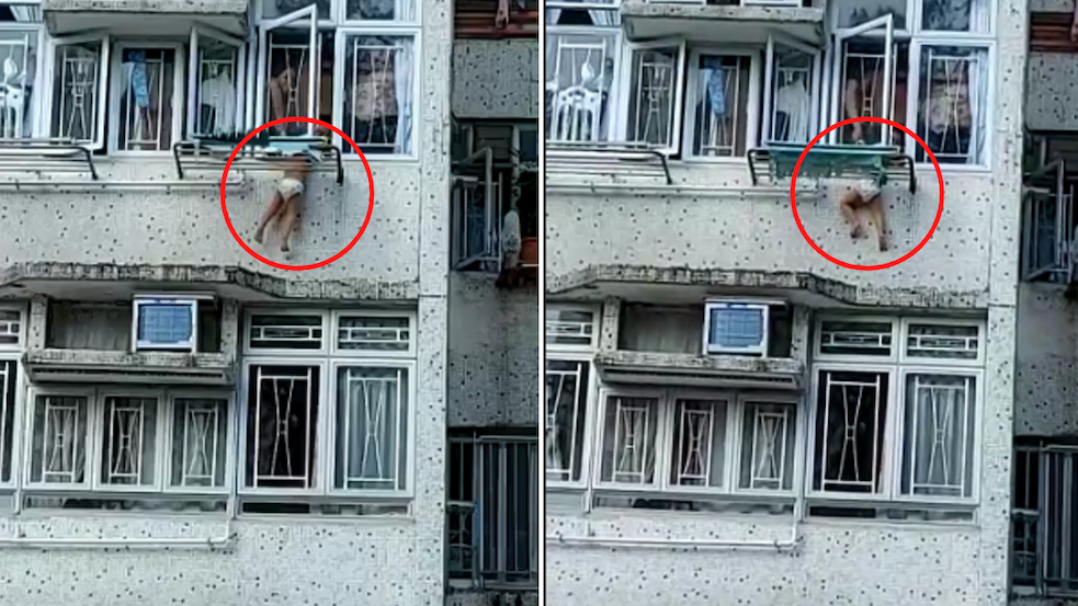 The toddler had climbed out of the fourth floor window of an apartment unit in Hin Tin Estate. Screenshots via Facebook