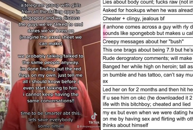 Influencer Boonki lays out the idea on TikTok: a group chat and online spreadsheet to share unsavory dating experiences, at left, and a screenshot of the spreadsheet, at right. PhotoS: @Doujiang.Youtiao/TikTok, Instagram