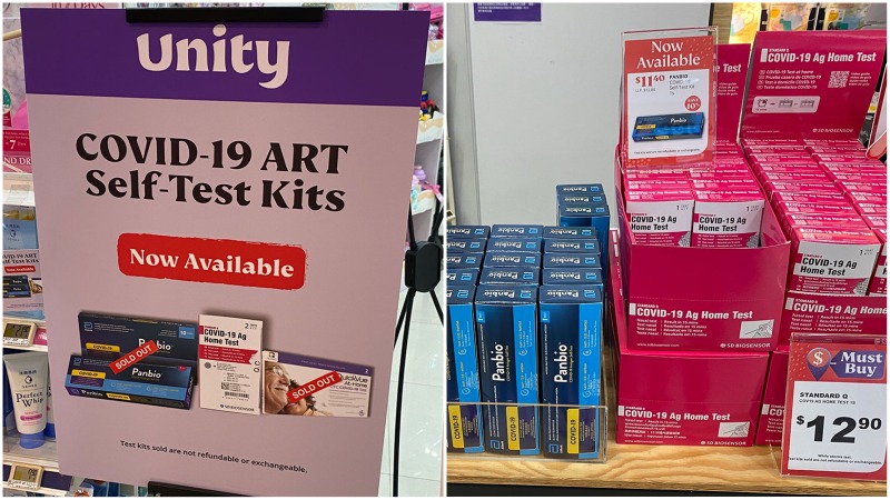 FairPrice Unity’s stock of COVID-19 self-test kits at Tampines One. Photos: Carolyn Teo/Coconuts
