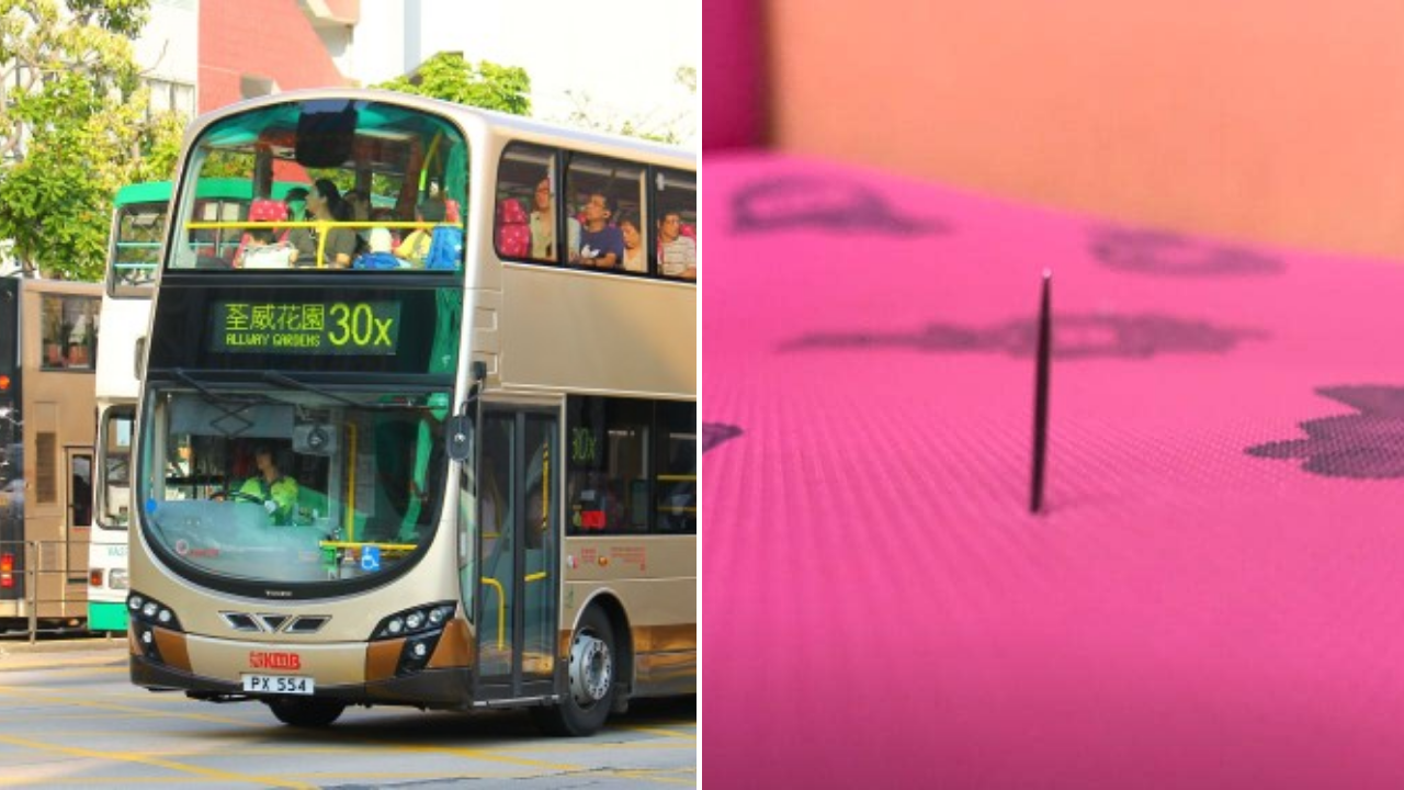 The 3 cm sewing needle was planted in a bus seat on the upper deck. Photos (for illustration only): Wikimedia Commons (left), Facebook (right)