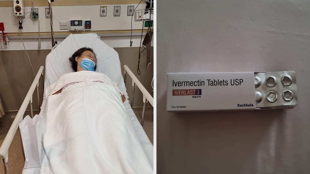 Woman in hospital after taking ivermectin tablets, at left, the tablets, at right. Photos: Vanessa Koh Wan Ling