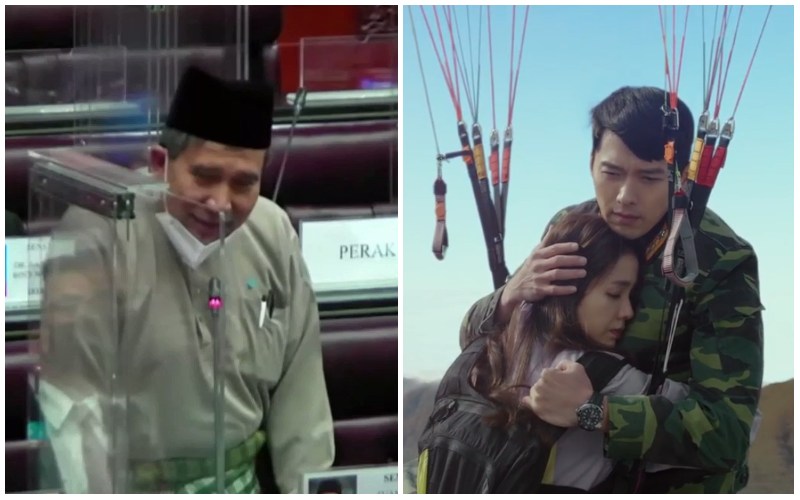 Mohd Apandi in Parliament yesterday, at left, and a scene from ‘Crash Landing On You,’ at right. Photos: RTM, tvN
