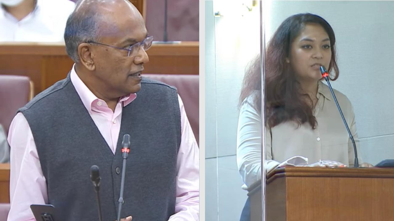 Law and Home Affairs Minister K Shanmugam, at left, and Sengkang MP Raeesah Khan, at right, Monday in Parliament.