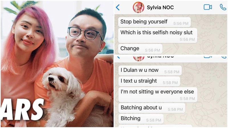 At left, Night Owl Cinematics founders Sylvia Chan and Ryan Tan in a 2020 video, and alleged chat comments from Chan, at right. Photos: Night Owl Cinematics/YouTube, Sgcickenrice/Instagram
