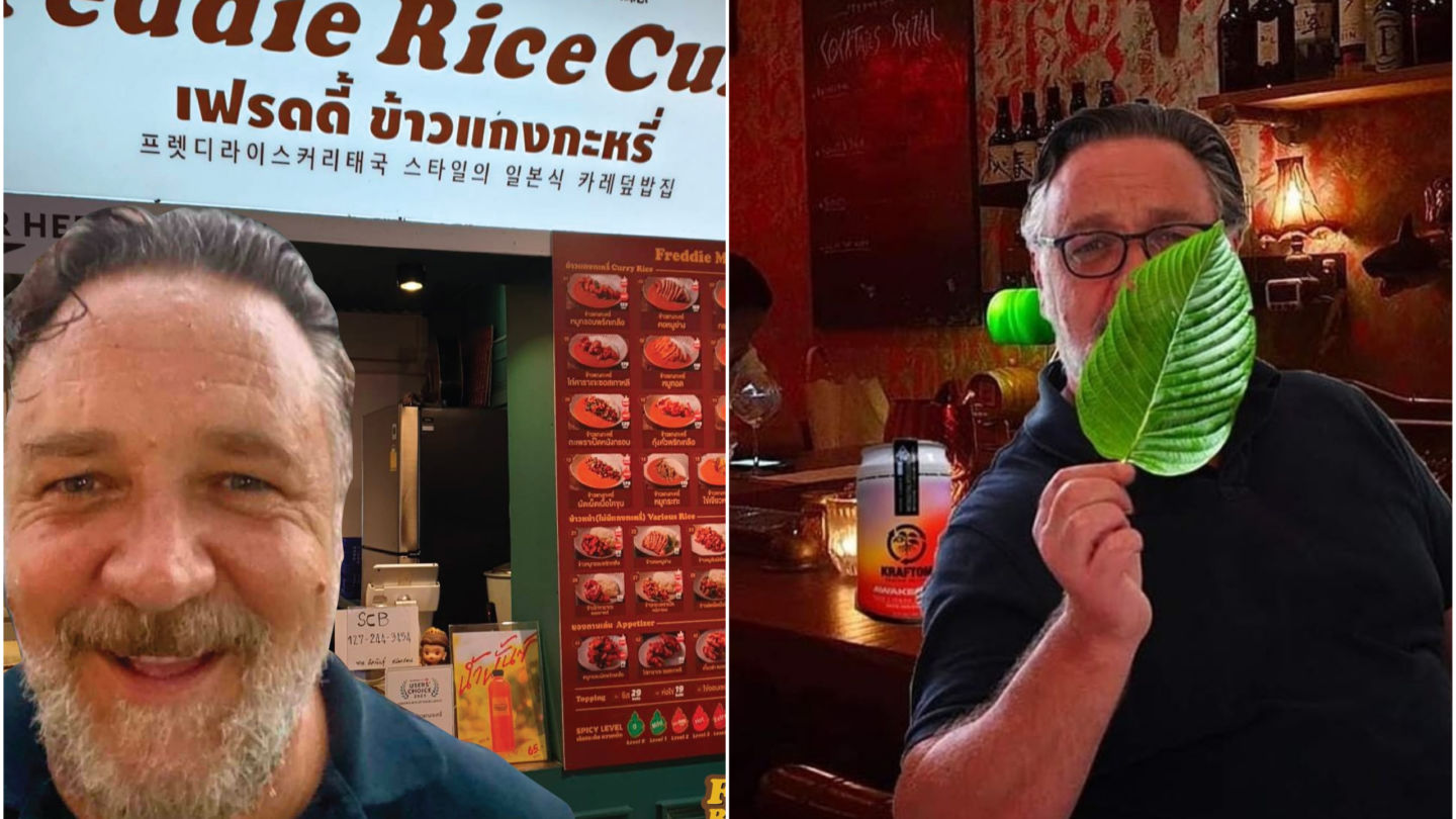 Russell Crowe is photoshopped by Bangkok restaurant Freddie Rice Curry, at left, and the Aussie dude gets the same treatment from cocktail bar Teens of Thailand, at right.