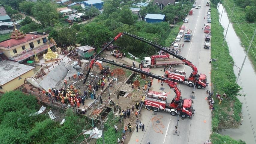 The scene Friday of  rescue efforts underway in South Dagon Township.   Photo: Myanmar Fire Services Department / Facebook