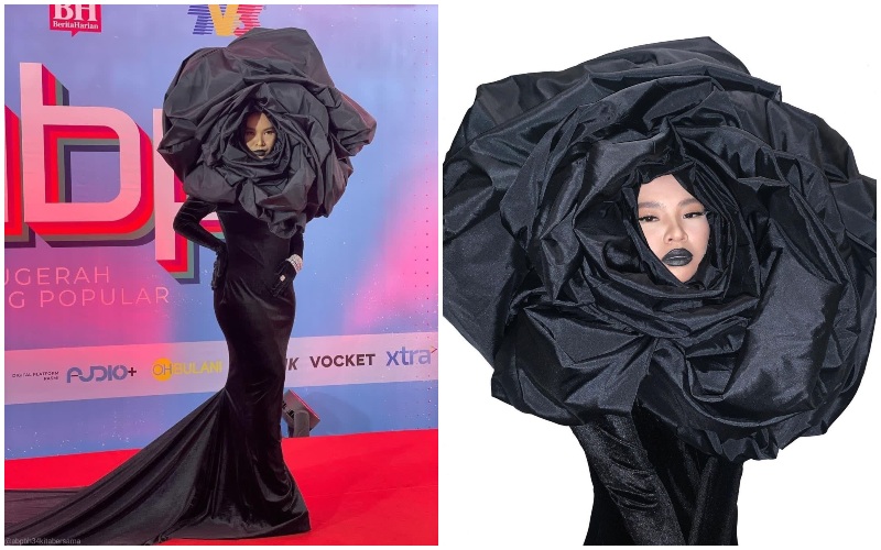 Aina Abdul dressed in Behati on the red carpet Nov. 13, 2021, at left, and a close-up image of the singer’s massive rose headpiece. Photos: Abpbh34kitabersama, Kel Wen/ Instagram
