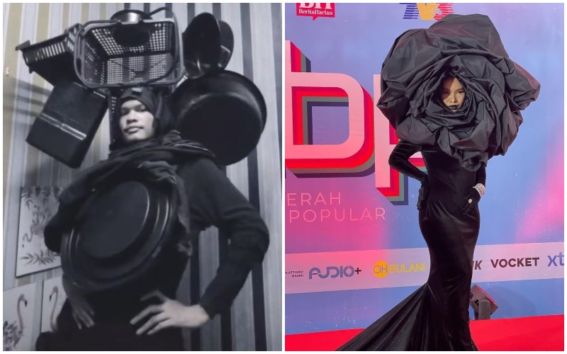 TikTok user Hadrey Ali recreating Aina Abdul’s dress with household items at left, and the singer dressed in Behati on the red carpet, at right.
