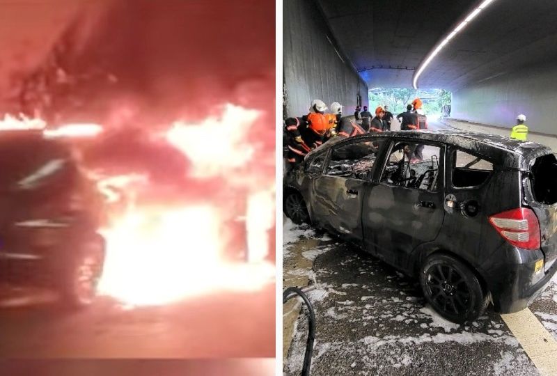 Car on fire at CTE tunnel, at left, aftermath of incident, at right. Photos: Singapore Road Accident, SCDF via Facebook