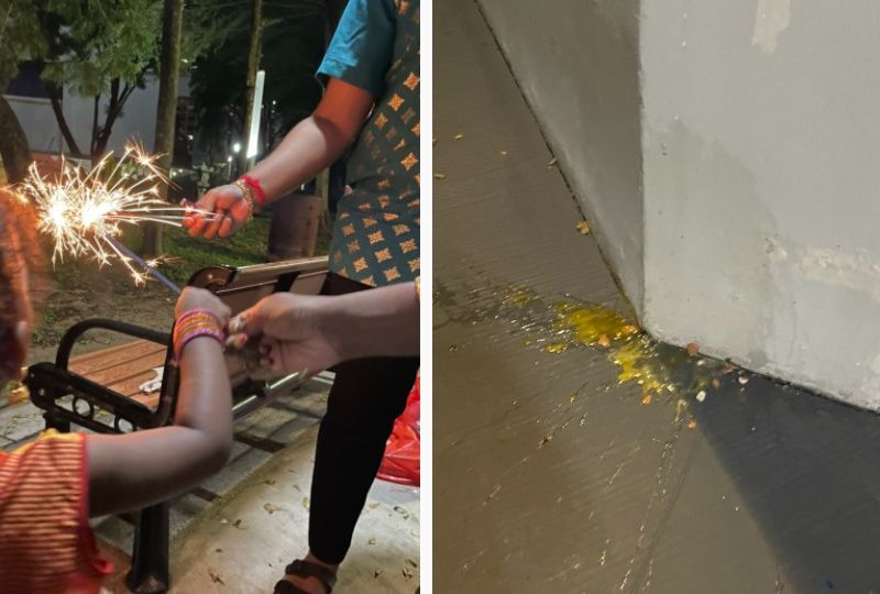 A family plays with sparklers on Deepavali, at left, a smashed egg they say was thrown at them, at right. Photos: @Sham_ugh/Twitter