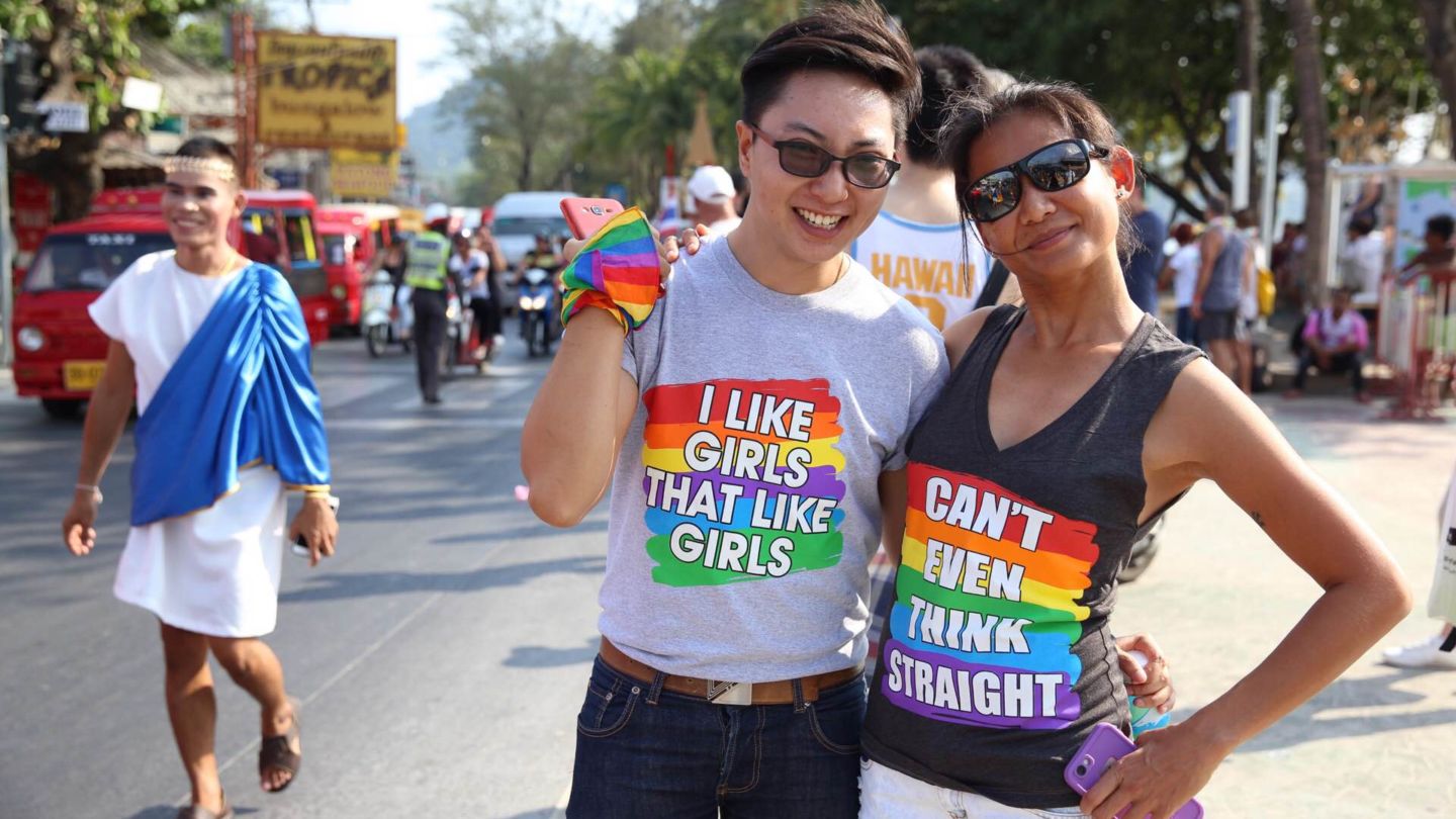 A gay couple at a 2016 pride parade in Phuket. Photo: Coconuts Bangkok
