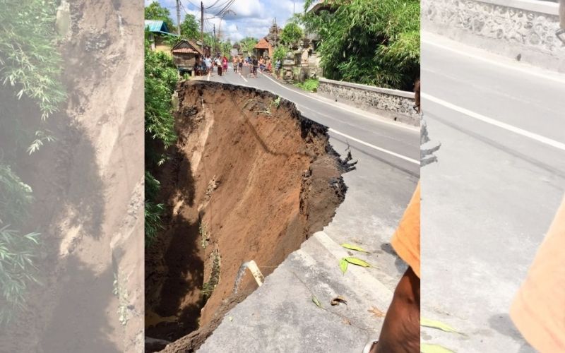 Heavy rainfall caused a huge chunk of a road in Gianyar regency to collapse earlier this week. Photo: BPBD Gianyar