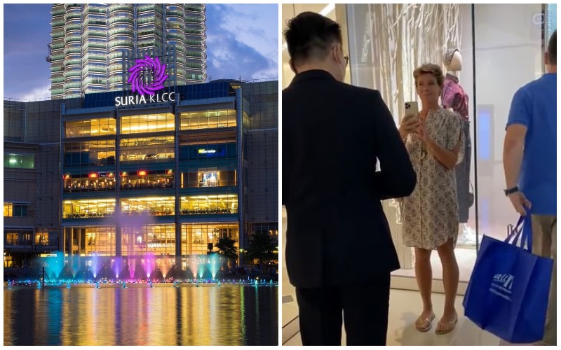 Exterior of Suria KLCC, at left, Kerry Harrison filmed making a fuss outside Dior, at right. Photos: Suria KLCC, DFEFiercefun/Twitter
