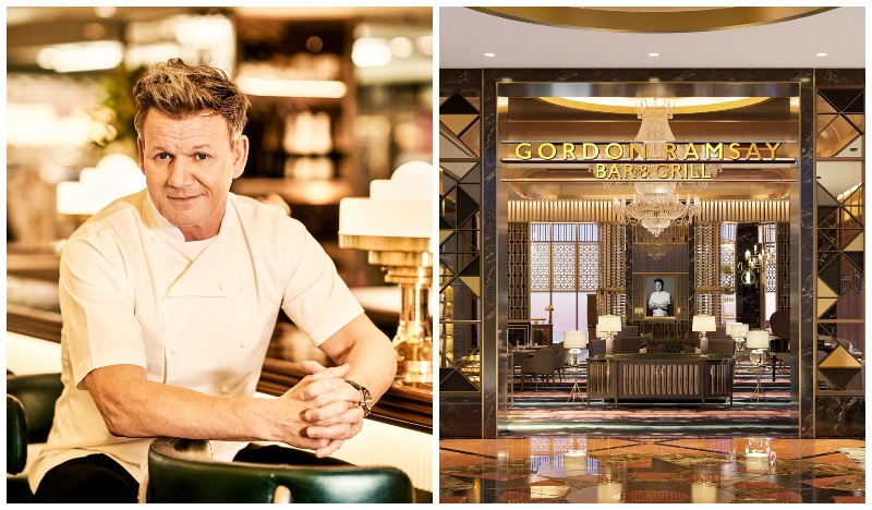 Gordon Ramsay, at left, and the entrance of Gordon Ramsay Bar & Grill, at right. Photos: Delivering Asia

