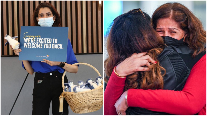 At left, a Melbourne airport employee welcomes Singapore travelers and women embrace in tears, at right. Photos: Australian High Commission Singapore/Facebook
