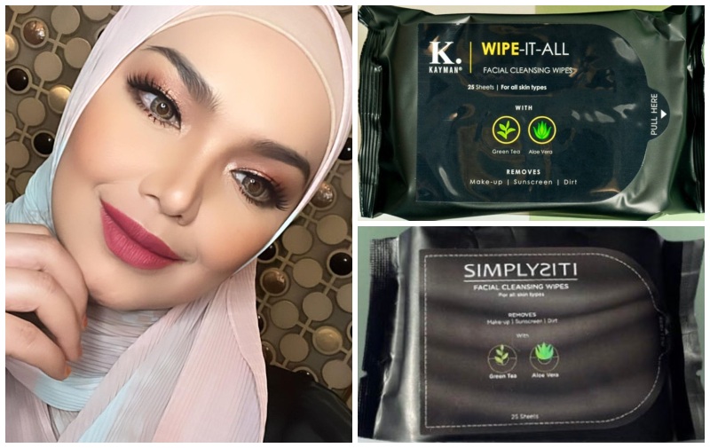 Clockwise from left: Siti Nurhaliza takes a selfie, Kayman Beauty’s wet wipes, Simplysiti’s wet wipes. Photos: Siti Nurhaliza, Kayman Beauty, Official Simplysiti/Instagram
