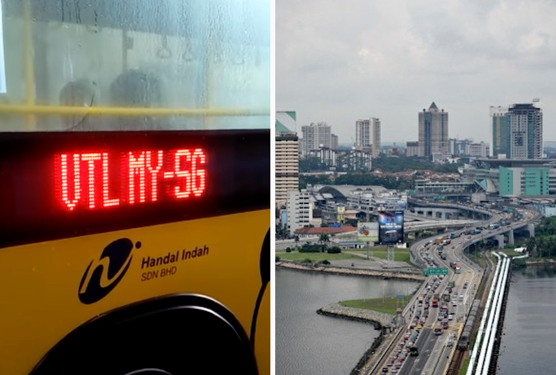 Handal Indah’s bus for Malaysia-Singapore vaccinated travel, at left, the causeway before the pandemic hit, at right. Photos: Anberasan Thangarajoo/Facebook, AFP