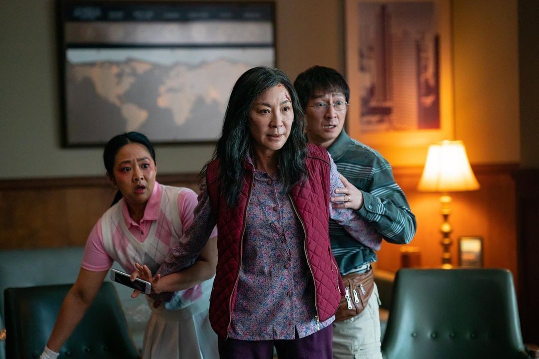 Michelle Yeoh with Stephanie Hsu (left) and Ke Huy Quan (right) in  ‘Everything Everywhere All At Once.’ Photo: Michelle Yeoh/Instagram
