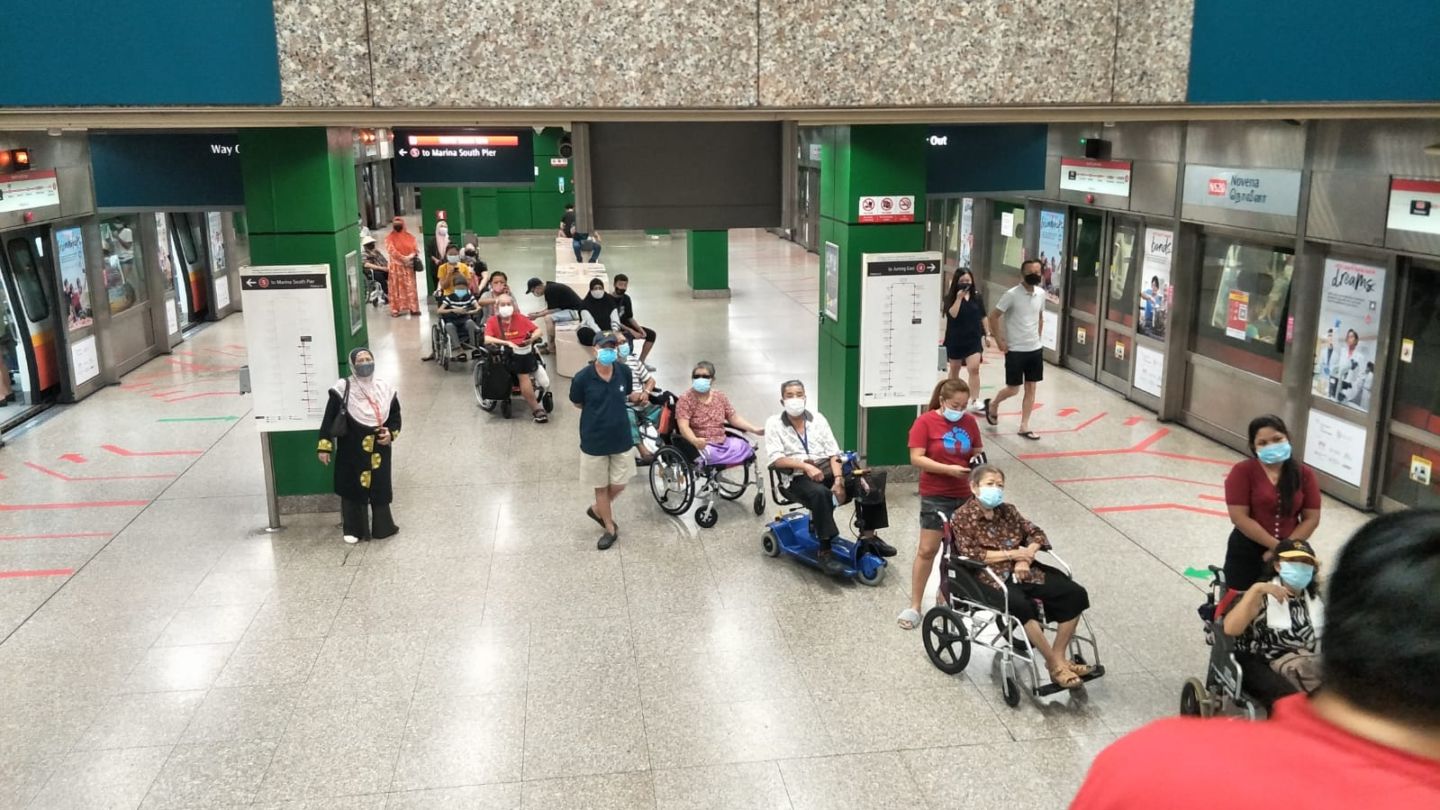A line of wheelchair bound elderly at Novena station today. Photo: Jamaliah Hassan/Facebook
