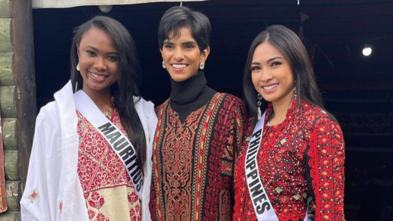 From left to right: Miss Universe contestants Anne Murielle Ravina of Mauritius, Singapore’s Nandita Banna and Beatrice Gomez of the Philippines. Photo: BeatriceLuigiG/Twitter
