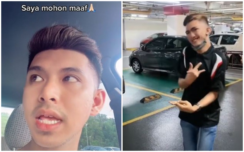Iswan Ishak apologizing to people with disabilities, at left, his friend pretending to have difficulties moving his limbs, at right. Photos: Iswan Ishak/TikTok
