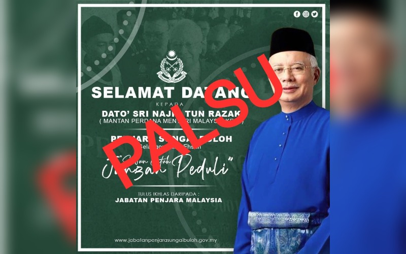 Image of the online greeting welcoming Najib Razak to prison, which the Prisons Department says is fake.