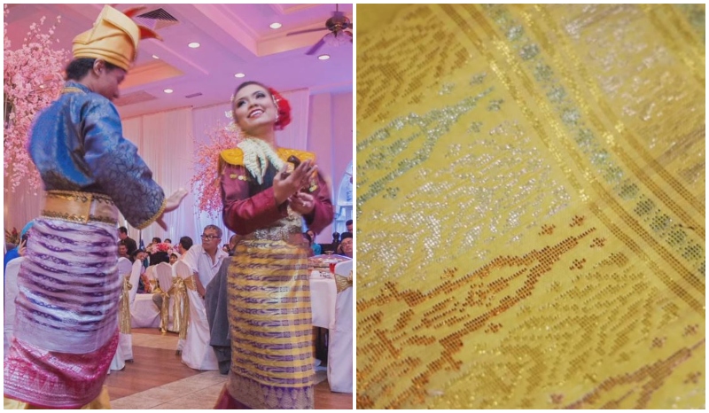 Dancers wearing songket, at left, and a close-up of the traditional hand-woven fabric, at right. Photos:  Ministry of Tourism, Arts and Culture
