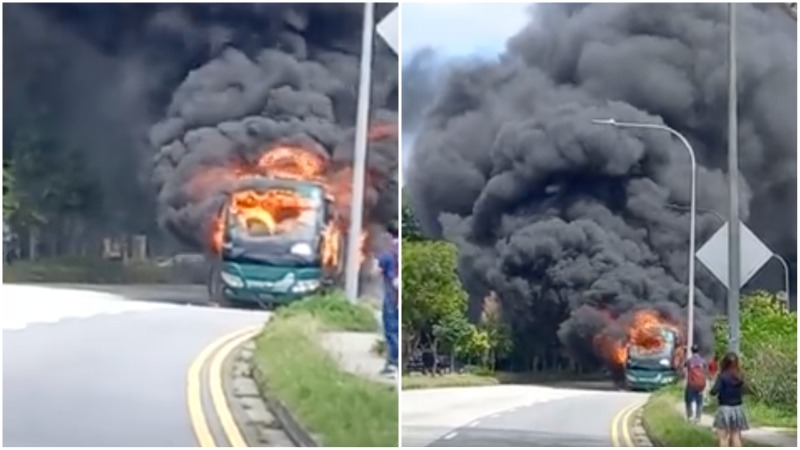 A bus burns Thursday on Mandai Avenue. Images: Raven Qiu/Facebook

